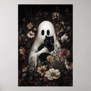Schattig spook omhelst zwarte kat print, digitaal poster
