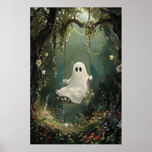 Schattig spook op schommel in groene bloemen bos p poster