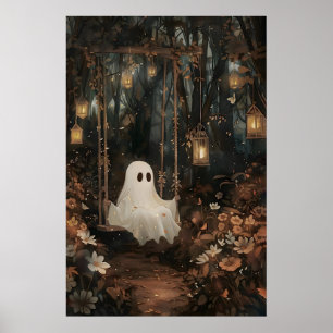 Schattig spook op schommel in herfstpark afdruk, h poster