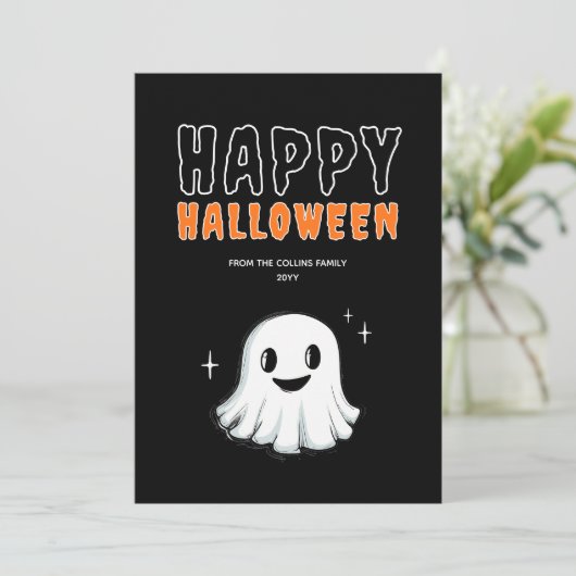 Schattig spook oranje en zwart griezelig gelukkig  feestdagenkaart (Staand voorkant)