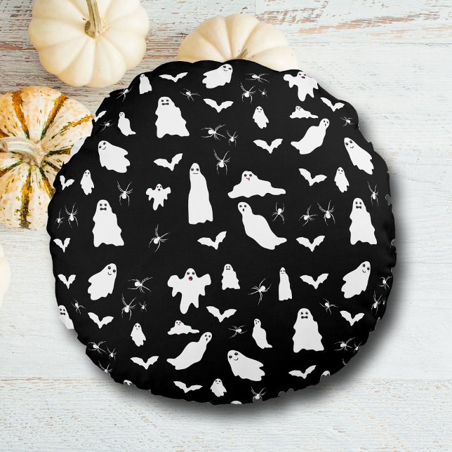 Schattig spook, vleermuizen & spinnen Halloween pa Rond Kussen (Cute Ghost, Bats & Spiders Halloween Pattern Round Pillow)