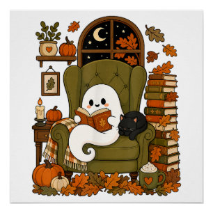 Schattig spookboek Zwarte kat Herfst Pompoen Perfect Poster