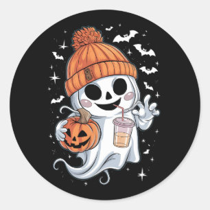 Schattig spookje drinkt koffie Halloween ijskoffie Ronde Sticker