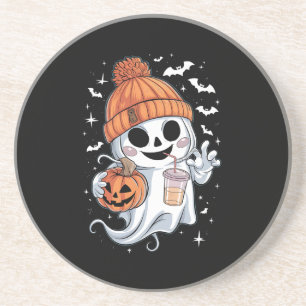 Schattig spookje drinkt koffie Halloween ijskoffie Zandsteen Onderzetter
