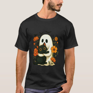Schattig spookje knuffelt zwarte kat bloemen Hallo T-shirt