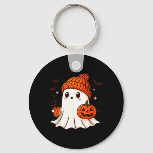 Schattig spookje met muts die pompoenkoffie vastho sleutelhanger