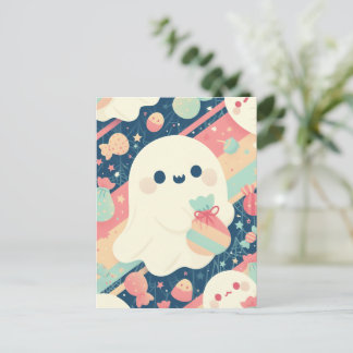 Schattig spookje met snoepzak in pastelkleuren sti feestdagenkaart
