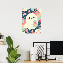Schattig spookje met snoepzak in pastelkleuren sti poster