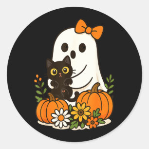 Schattig spookje met zwarte kat groovy bloemen ronde sticker