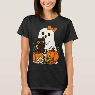 Schattig spookje met zwarte kat groovy bloemen t-shirt