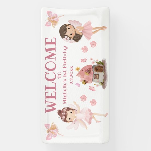 schattig sprookjes meisje 1e verjaardag roze welko spandoek (Verticaal)