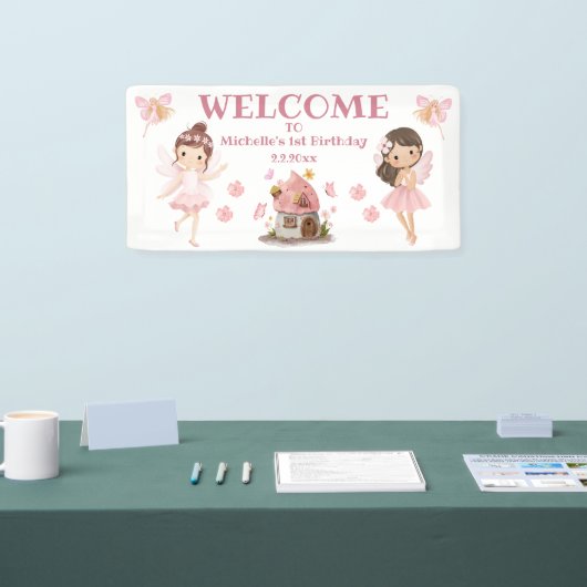 schattig sprookjes meisje 1e verjaardag roze welko spandoek (Beurs)