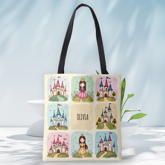 Schattig sprookjeskasteel en prinses Doodles Tote Bag