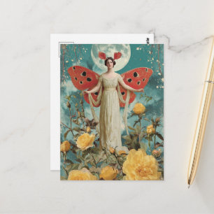 Schattig sprookjeswezen met gele rozen en de maan briefkaart