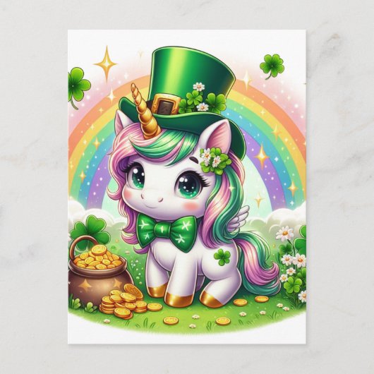 Schattig St. Patricks Day Eenhoorn Rainbow Gold Briefkaart (Voorkant)