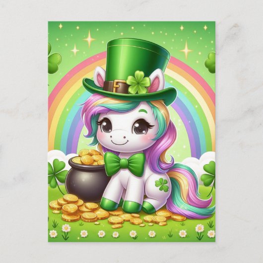 Schattig St. Patricks Day Eenhoorn Rainbow Gold Briefkaart (Voorkant)
