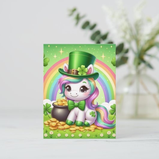 Schattig St. Patricks Day Eenhoorn Rainbow Gold Briefkaart (Staand voorkant)