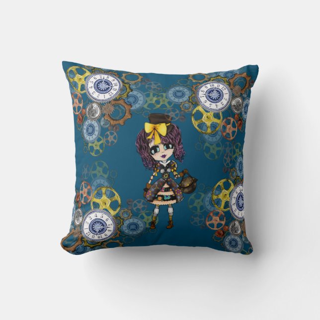 Schattig Steampunk Meisje Pinky Kawaii Chibi door  Kussen (Voorkant)
