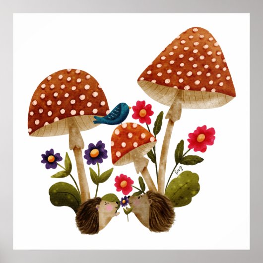 Schattig Stel Egels en Paddenstoelen Poster (Voorkant)