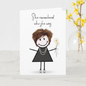 Schattig stick figuur meisje denken aan je kaart (Gele Bloem)