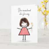 Schattig stick figuur meisje denken aan je kaart (Gele Bloem)