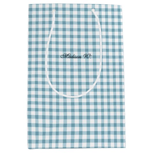 Schattig Stof Blauw Gingham Patroon Medium Cadeauzakje (Voorkant)