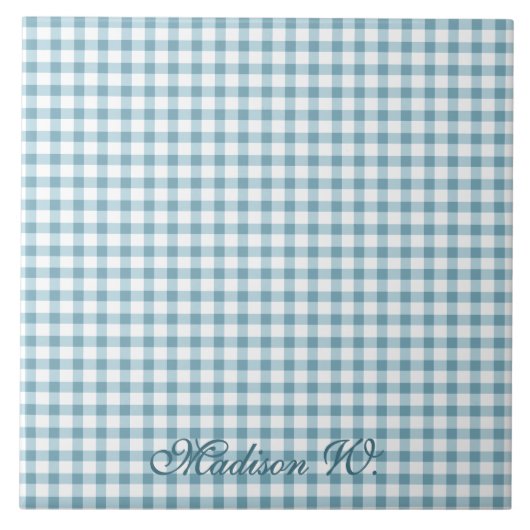 Schattig Stof Blauw Gingham Patroon Tegeltje (Voorkant)