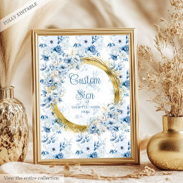 Schattig stoffig blauw waterverf bloemen goud op m poster