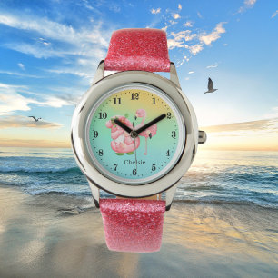 schattig strand gnome roze flamingo voegt naam kin horloge
