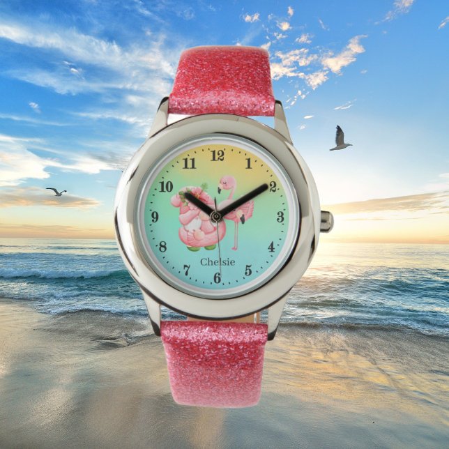 schattig strand gnome roze flamingo voegt naam kin horloge (Creator heeft geüpload)