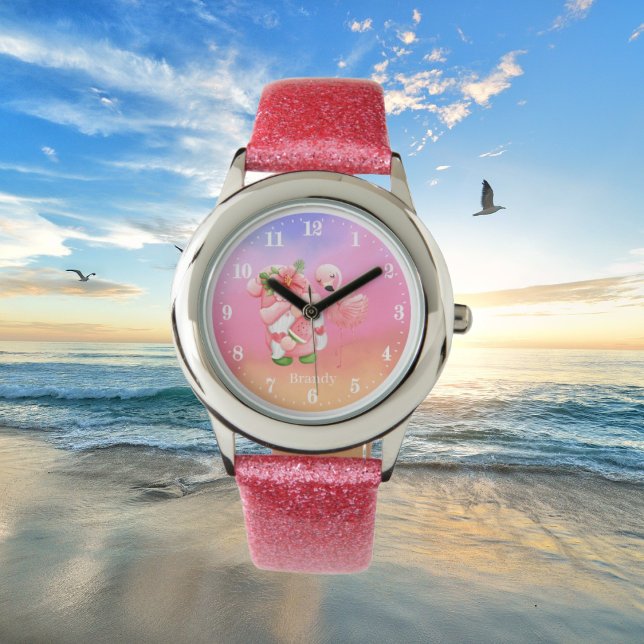schattig strand gnome roze flamingo voegt naam kin horloge (Creator heeft geüpload)