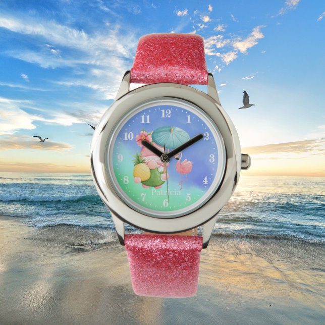 schattig strand gnome roze flamingo voegt naam kin horloge (Creator heeft geüpload)