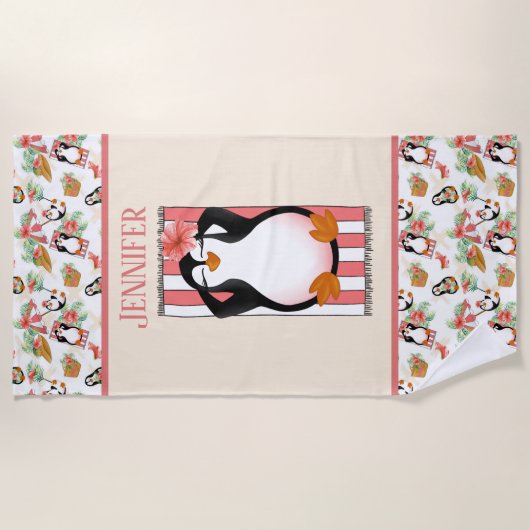 schattig strand pinguïn naam toevoegen Beach Towel Strandlaken (Voorkant)