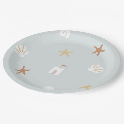 Schattig strand schelp zandkasteel zeesterren papieren bordje (Gekanteld)