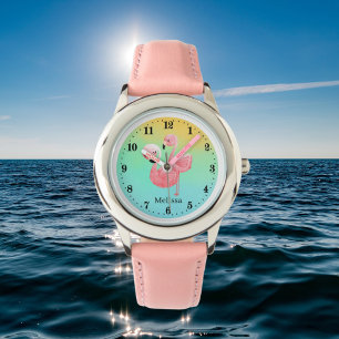schattig strandroze flamingo voegt naam toe horloge
