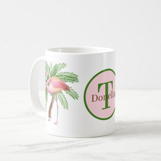 schattig strandroze flamingo voegt naam toe koffiemok (Voorkant links)