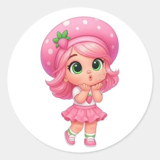 Schattig Strawberry Meisje Chibi Ronde Sticker (Voorkant)