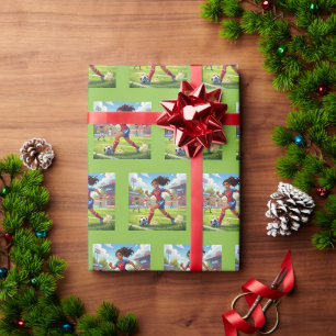 Schattig stripfiguur meisje speelt voetbal cadeaupapier