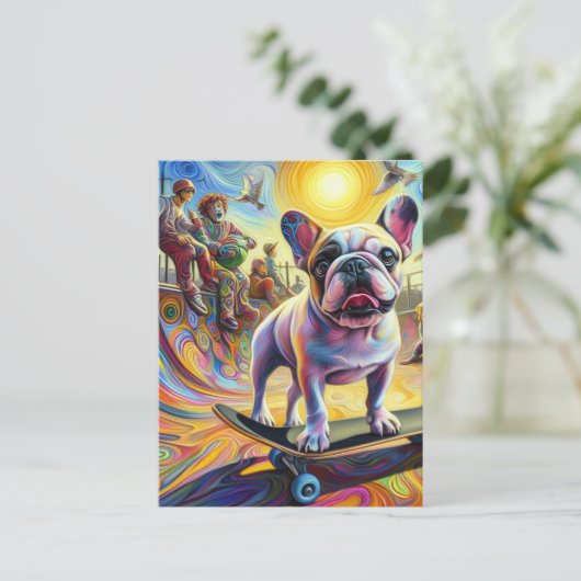 Schattig Surreal Frans Bulldog Skateboarden Briefkaart (Staand voorkant)
