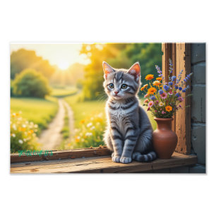 Schattig tabby katje bij raam met wilde bloemen foto afdruk