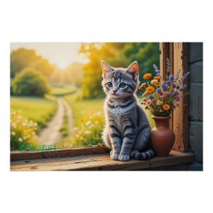 Schattig tabby katje bij raam met wilde bloemen perfect poster