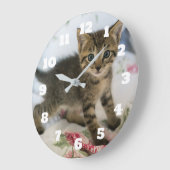 Schattig Tabby kitten kijken verrast Grote Klok (Hoek)