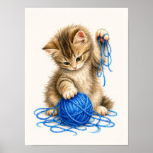 Schattig tabby poesje speelt met blauwe garen