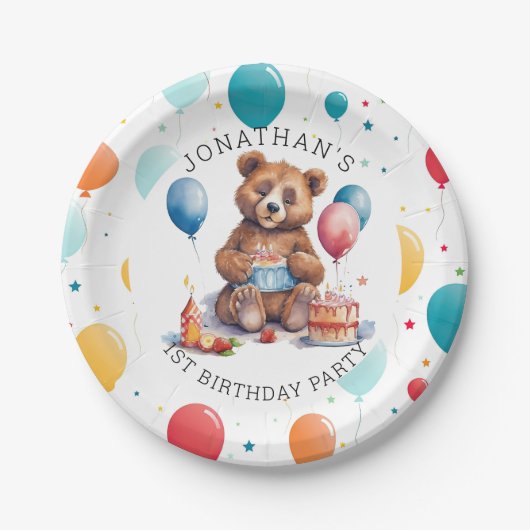 Schattig Teddybeer 1E verjaardagsFEEST Papieren Bordje (Voorkant)