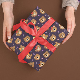 Schattig Teddybeer Gezicht Patroon Herfst Paars Cadeaupapier