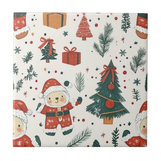 Schattig teddybeer & Kerstman op Wit (1) Tegeltje (Voorkant)
