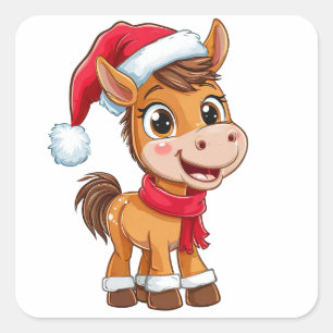 Schattig Tekenfilmpony in Kerstmuts en Sjaal Vierkante Sticker