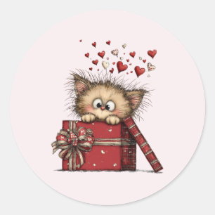 Schattig Tekening Kitten in een Doos met Hartjes Ronde Sticker
