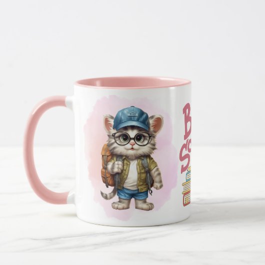 Schattig terug naar school kat dragen rugzak mok (Links)