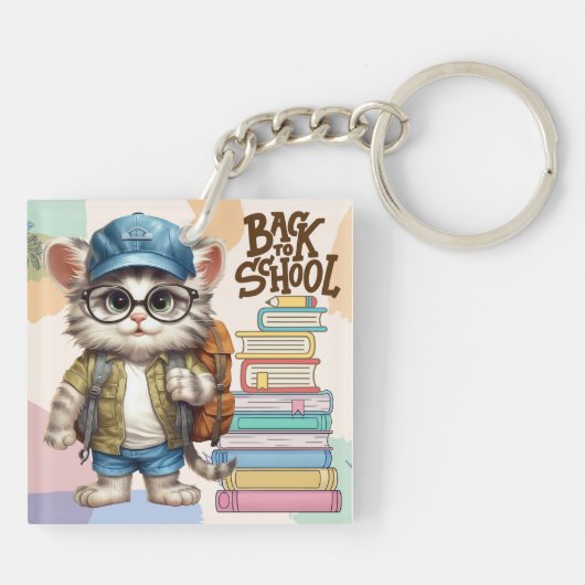 Schattig terug naar school kat dragen rugzak sleutelhanger (Achterkant)